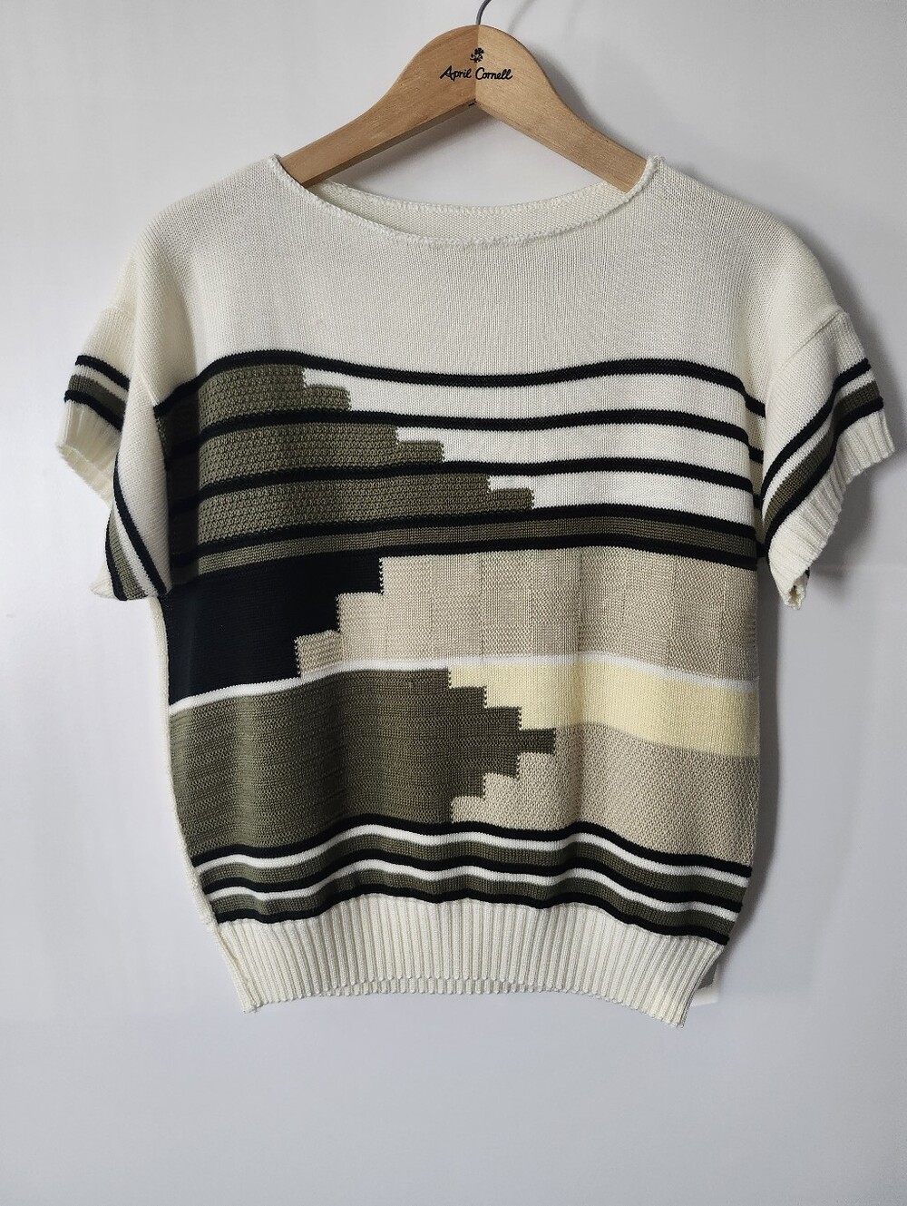 Geometric Block Knit Short Sleeve Top Earth Tone Retro Minimalist Sweater Medium